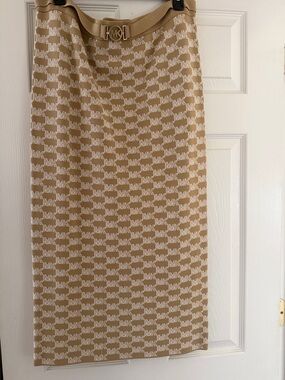 Michael Kors Tan and White Logo Knit Pencil Skirt with MK Belt